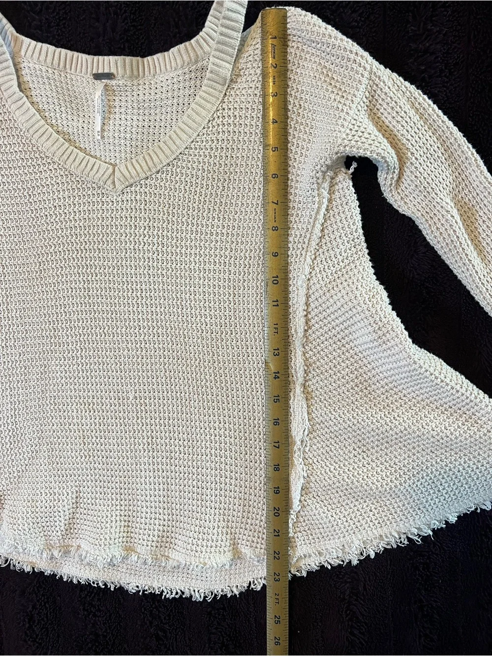 Free People Thermal Knit V-Neck Tunic Sweater Cream Raw Hem Cotton XS